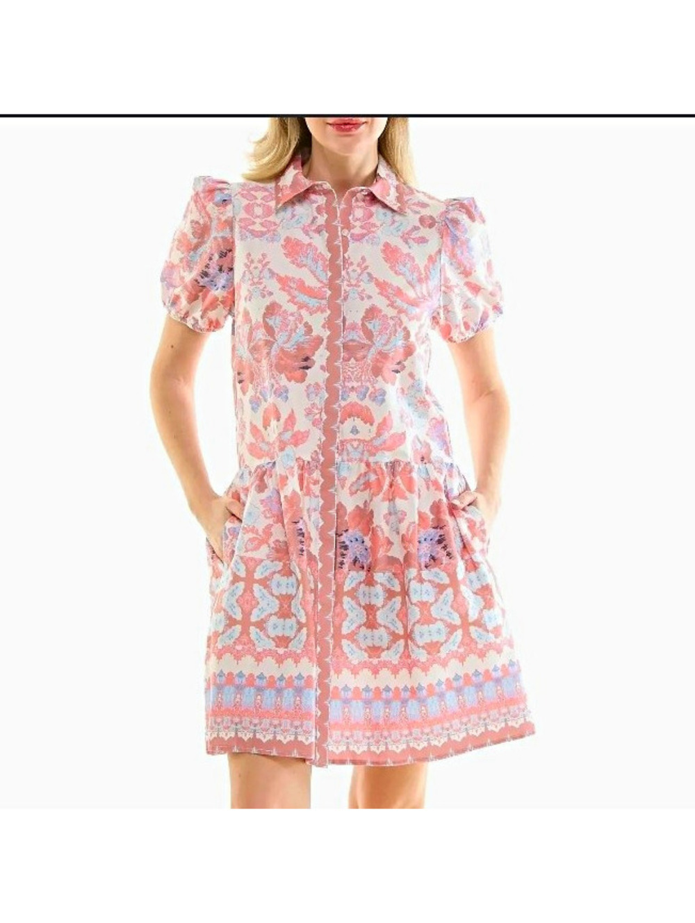 Nicole Miller Womens Pink Blue White Floral Puff Sleeve Shirt Dress Pockets 8